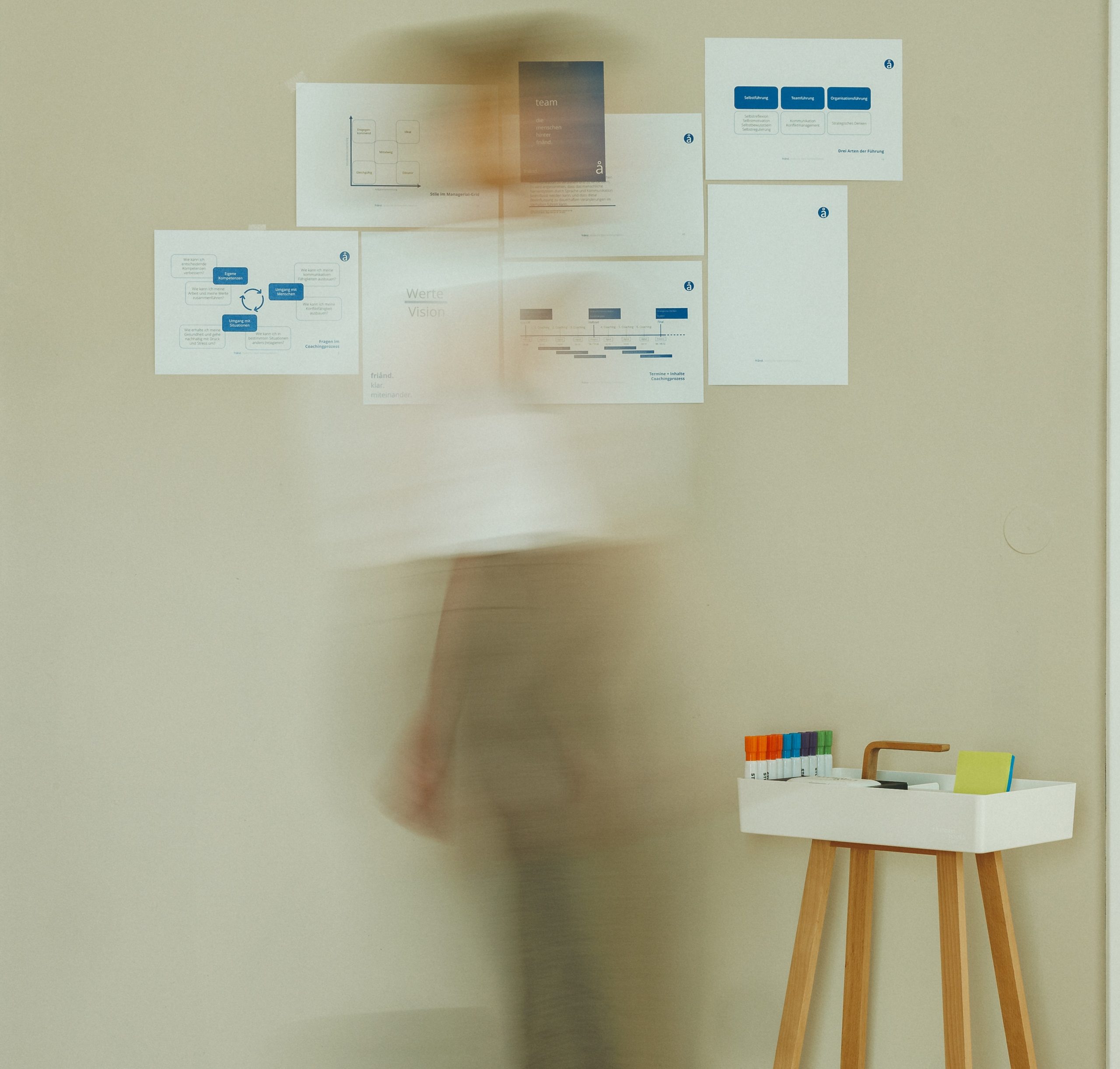 Eine beige Wand mit unscharfen Postern und einem tragbaren Tablett mit Seminarutensilien. Im Vordergrund läuft eine unkenntliche Person von der einen zur anderen Seite.